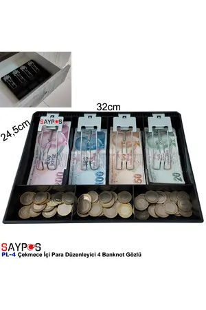 SAYPOS Metal Mandallı Rampalı Çekmece İçi Para Düzenleyici 4 Banknot 3 Bozuk Para Gözlü 32x24 5x3 5cm