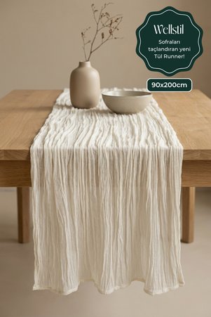 Wellstil Nuvé | %100 Pamuk Tül Runner Bohem Düğün Nişan Organizasyon Masa Örtüsü 90 x 200 cm Bej
