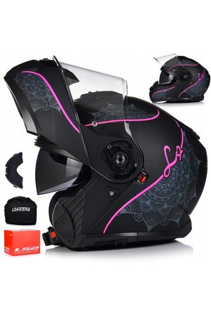 LS2 Strobe 2 Lux Mat Siyah-Pembe Çene Açılır Motosiklet Kaskı