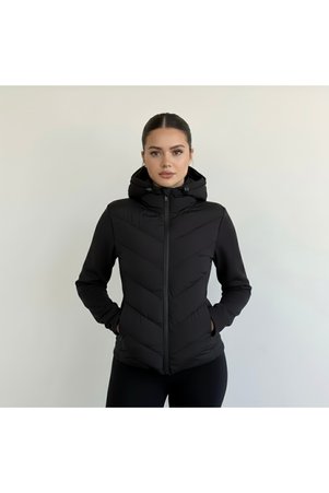 NEVEGE BUTİK Siyah Kapüşonlu Kontrast Şişme Mont Kışlık Slim Fit Rüzgar Geçirmez Fermuarlı Kadın Mont