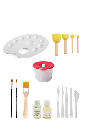 ACUTO Palet Ponpon Fırça Düz Yuvarlak Fırça Resim Yağı Terebentin Su Kabı Plastik Spatula Seti Zemin Fırça