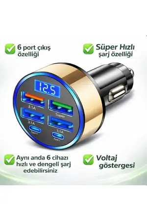 UGS Ticaret Dijital Ekranlı 6 Çıkışlı Süper Hızlı Araç Içi Şarj Aleti Başlığı