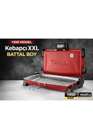 TANER Kebapçı XXL Battal Boy Çift Telli Elektrikli Et Ve Balık Izgarası 44x27cm 1450Watt Kırmızı