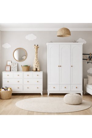 Koza Oslo %100 MDF Düz Desen 3 Kapılı Bebek & Çocuk Gardırop && Bonnie %100 MDF 8 Çekmeceli Şifonyer