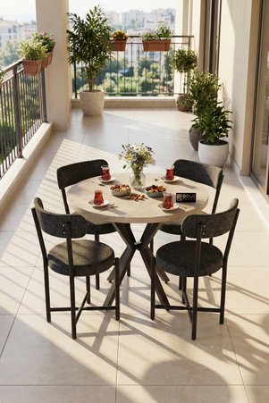 GOLDFALEZ Mutfak Masası 4 Sandalyeli Set 90 Çap Yuvarlak Cafe Balkon Ofis Masa Yemek Takımı Teddy 9863 Antrast