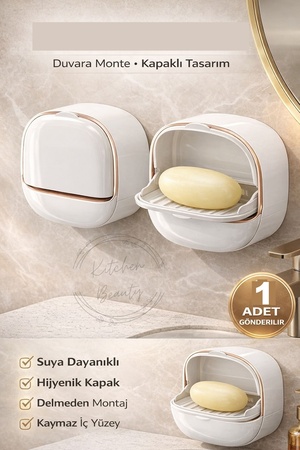 Kitchen Beauty Yapışkanlı Hazneli Kapaklı Katı Sabunluk Kendinden Boşaltmalı Su Tutmaz Katı Sabunluk Sabun Kutusu