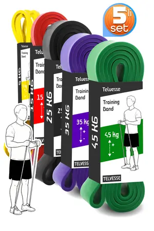 Telvesse 5-15-25-35-45 KG Direnç Bandı Seti Kas Geliştirme Lastiği Fitness Pilates Cross Training Bant 5 Boy