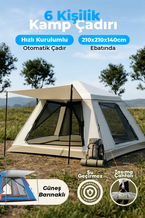 auhma Outdoor AC6636 6 Kişilik Otomatik Kamp Çadırı Krem 210x210x140 cm | Su Geçirmez Oxford Kumaş |