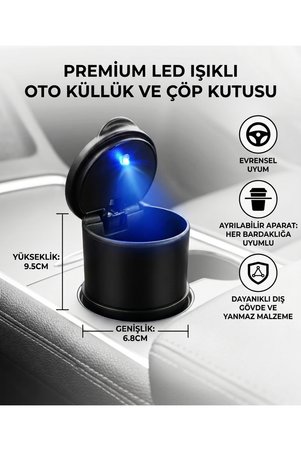 Modifiyum Araç Içi Işıklı Küllük Işıklı Kapaklı Araba Küllüğü Oto Küllük Siyah
