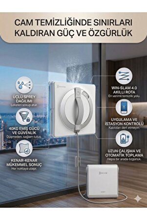 Ecovacs Taşınabilir İstasyonlu Akıllı Cam Silme Robotu 5500Pa Emiş Güçlü Otomatik Püskürtmeli Leke Çıkarıcı