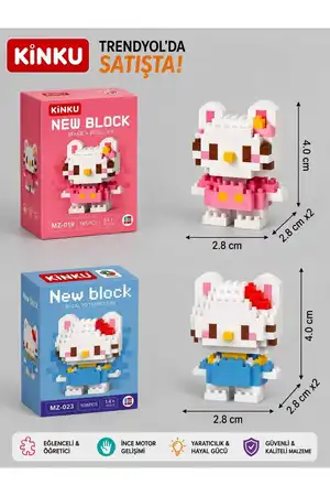KİNKU Ne Block Hello Kitty Mavi Pembe Puzzle-Yapboz-3d Zeka Geliştiren-Mini Sevimli Figürler Minyatür