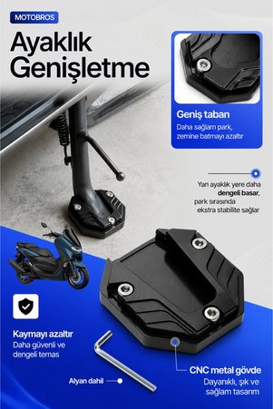 Motobros Yamaha Nmax Uyumlu Yan Ayak Genişletme Aparatı Motosiklet Ayaklık Taban Siyah CNC Metal