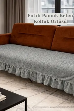 KAMİZ Fırfırlı Koltuk Örtüsü Bohem Pamuk Keten | Kaymaz Yıkanabilir Modern Şık Tasarım Antrasit