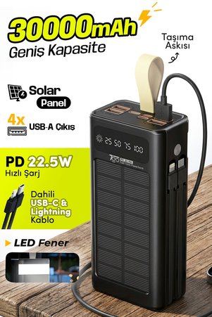 7GO GPW-09 30000mAh Güneş Enerjili Powerbank | PD 22.5W Hızlı Şarj | Dahili Type-C & Lightning Kablo