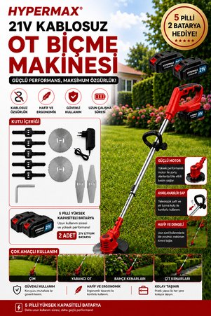 hypermax Şarjlı Çim Biçme Makinesi Tırpan 2X Batarya Akü
