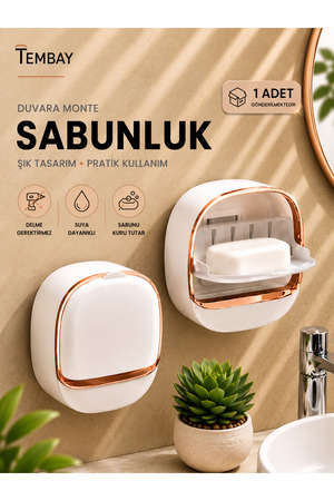 TEMBAY Beyaz Yapışkanlı Modern Sabunluk Kapaklı Kendinden Boşaltmalı Su Tutmaz Katı Sabunluk 1 Adet