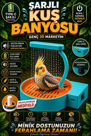 Genç 3D Type-C Şarjlı Otomatik Kuş Banyosu ve Duşu – Muhabbet Kuşu Sultan Papağanı Kanarya İçin Devridaimli Su Havuzu + Halka Oyuncak