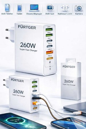 Fürtger Alman 260W 3 Type-C + 3 Usb-A Toplam 6 Çıkışlı Süper Hızlı Şarj Aleti