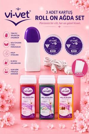 Vi-vet 3 Adet Kartuş Roll-on Kolay Ağda 2 Yıl Garantili Ağda Makinesi 2 Ad 10mt Ağda Bezi Ağda Seti