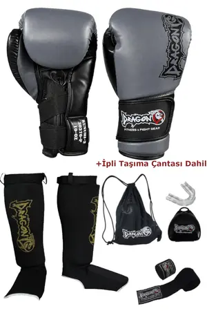 Dragondo Kunuri Boks Eldiveni 5’li Set Kickboks Muay Thai Boks Eldiveni Kaval Koruyucu Sırt Çantası Bandaj ve Dişlik