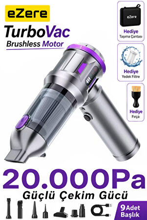 EZERE TurboVac 20000pa Güçlü Dijital Göstergeli Vakumlu Kablosuz Üflemeli Mini Araç İçi Süpürge