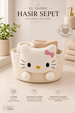 Kitchen Beauty Hello Kitty Peluşlu Çok Amaçlı Hasır Sepet Banyo Sepeti Dekor Sepet Havlu Sepeti