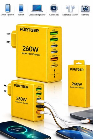 Fürtger German 260W 3 Type-C + 3 Usb-A Toplam 6 Çıkışlı Süper Hızlı Şarj Aleti