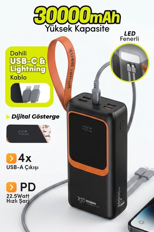 7GO GPW-08 30000mAh PD22.5W Hızlı Şarj Powerbank | 4 USB Çıkışlı Dahili Type-C & Lightning Kablolu