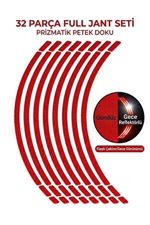 opersan Honda Forza Yamaha xmax nmax Dio Pcx Motosiklet Bisiklet Jant Şeridi Sticker - 32 Parça Prizmatik Reflektif Fosforlu Çıkartma Seti Kırmızı Renk