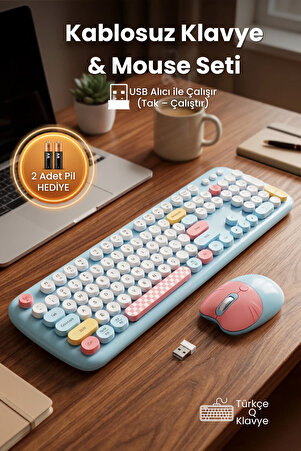Geezer Kablosuz Klavye ve Mouse Set Renkli Sevimli 100 Tuşlu Pc Notebook Laptop Uyumlu Klavye ve Fare Ev Ofis Kullanımına Uygun Türkçe Q Klavye