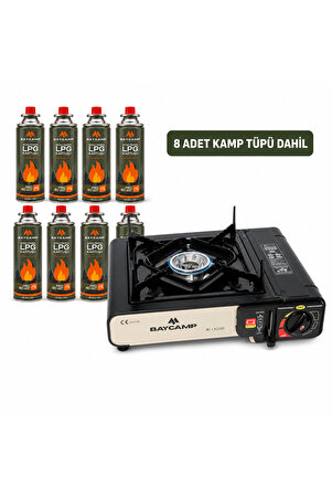 Baycamp Portatif Kamp Ocağı Siyah + 8 Adet Kamp Tüpü – Otomatik Ateşlemeli Taşıma Çantalı