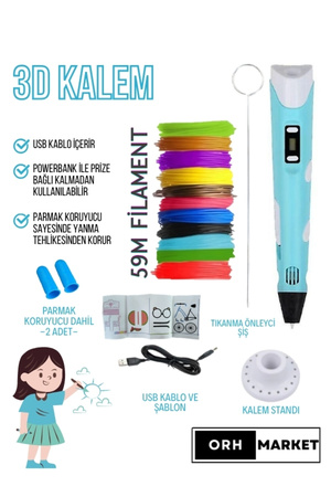 ORH Market Mavi 3d Kalem 3d Pen Yazıcı Kalem – Çok Renkli PLA Filament + Usb Kablo