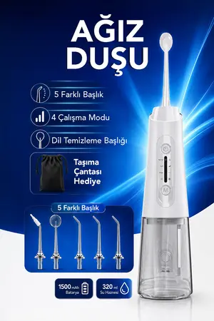 mimtec Şarjlı Ağız Duşu - 320ml Su Hazneli 5 Başlık 4 Çalışma Modlu Su Geçirmez Ağız Diş Dil Temizleyici Beyaz