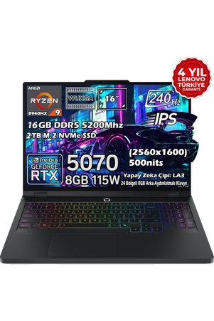 Lenovo Legion Pro 5 16ADR10 Amd Ryzen 9 8940HX 16GB 2tb SSD Rtx 5070 8gb 16" Wqxga IPS Panel 240Hz 115W Windows 11 Pro Taşınabilir Bilgisayar 83LT0046TR G7