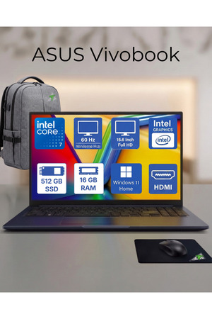Asus Vivobook 15 Intel Core 7 16GB DDR5 512GB SSD Windows 11 Home + Office 2026 + Canta ve mouse Hediye