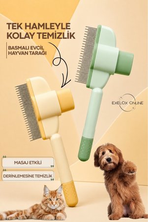 Exelox Tek Tuşla Kolay Temizlenir Basmalı Kedi Köpek Tarağı