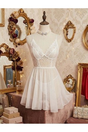 Secret Garden Lingerie Beyaz Dantelli V Yaka Babydoll Gecelik