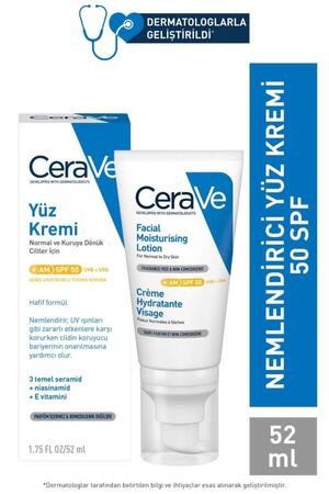 CeraVe Yüz Nemlendirici Krem Normal ve Kuruya Dönük Ciltler İçin SPF50 52 ml