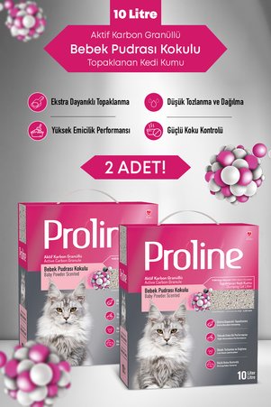 Proline Aktif Karbon Granüllü Bebek Pudra Kokulu Bentonit Kedi Kumu 2X10 LT
