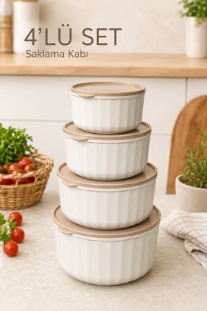 FBZhome 4'lü Yuvarlak Matruşka Saklama Kabı Seti Çizgili Bej | 2.5l 1.5l 0.80l 0.45l | Mikrodalga Ve Dondurucu Uyumlu