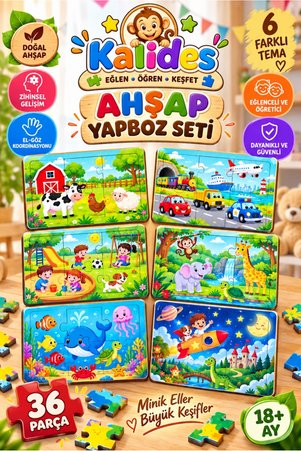 kalides Ahşap Puzzle Seti 36 Parça – 6 Farklı Temalı Yapboz | Eğitici Öğretici Set | 2-3 Yaş Eğitsel Montessori Oyun