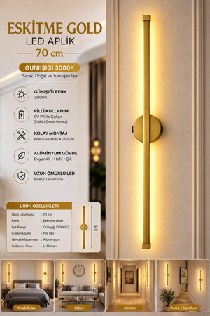Mandaş Modern Eskitme Gold Gün Işığı 70 cm Led Duvar Aplik 1 Adet | Pilli Kablosuz Tak-Çalıştır