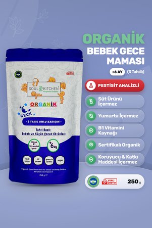 Soul Kitchen Organik Ürünler Organik Bebek Gece Kaşık Maması 3 Tahıllı B1 Vitaminli 250 g +6 Ay