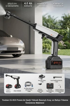 Youban DJ-810 PowerJet Şarjlı Yüksek Basınçlı Araç ve Bahçe Yıkama Temizleme Makinesi 2 Bataryalı