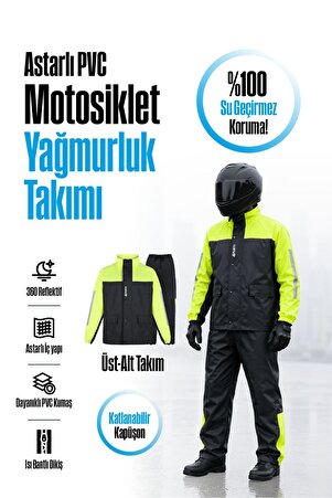 nukro wear Motorcu Yağmurluk Motosiklet Yağmurluğu Neon Reflektörlü Su Geçirmez Astarlı Cepli Yeni Tasarım