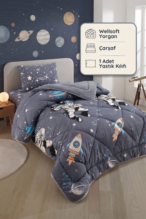 Formeya Tek Kişilik Çarşaflı Astronot Desenli Çift Taraflı Wellsoft Uyku Seti