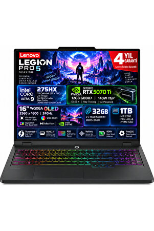 Lenovo Legion Pro 5 16IAX10H Intel Core Ultra 9 275HX 32GB 1TB SSD RTX 5070 TI 12GB 16" Wqxga OLED 240Hz Freedos Taşınabilir Bilgisayar 83LU004ETR