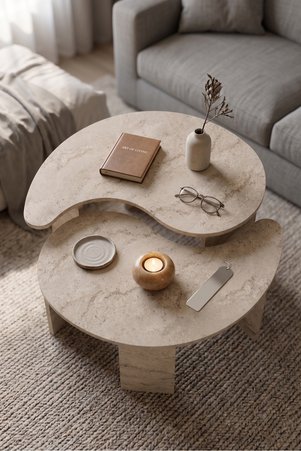 GOLDFALEZ Orta Sehpa 2'li Sehpa Seti Oval Modern Dekoratif Salon Oturma Odası Sehpası Denge 9254 Traverten