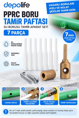Depolife Pprc Boru Tamir Paftası Pvc Plastik Su borusu Tamir Aparat Seti 7 Parça Yedek Plastiği