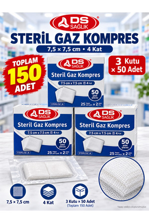 DS Sağlık Gaz Kompres - Steril - 7 5cmx7 5cm 150 Adet Spanç 25"li Paket